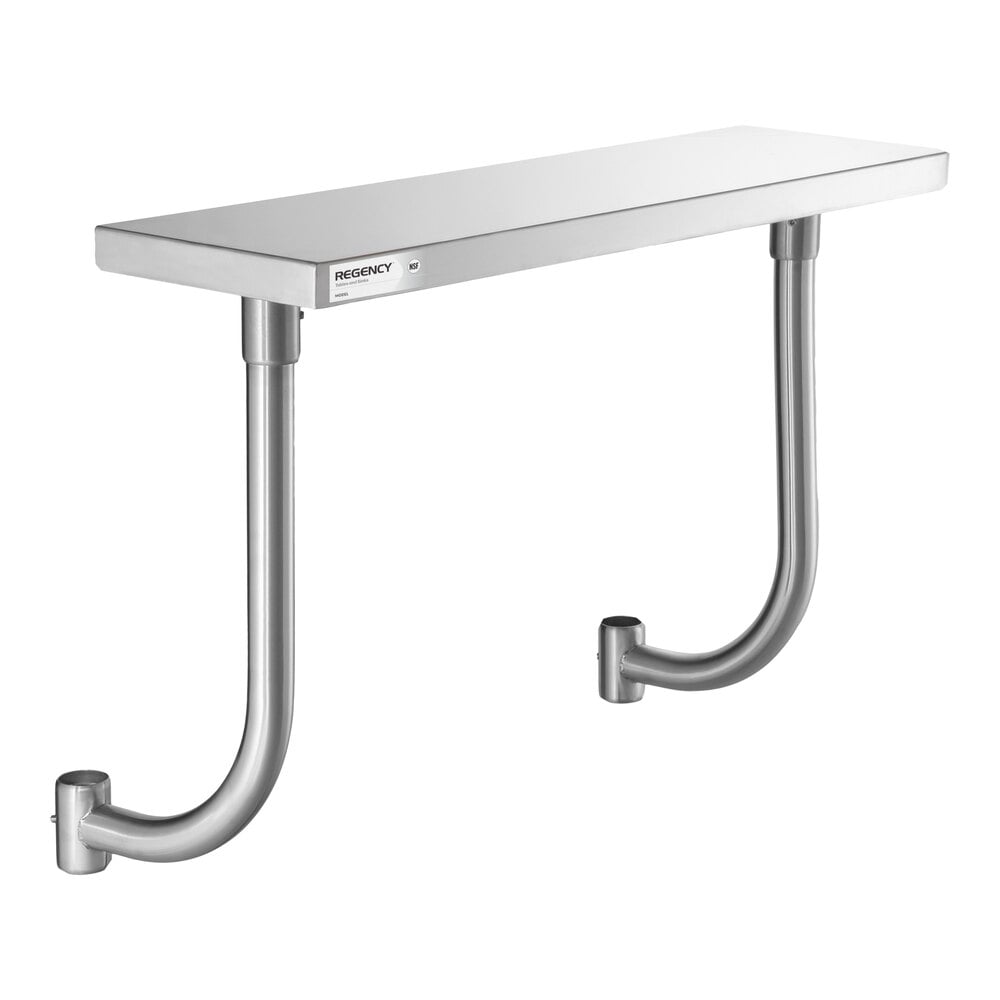A stainless steel rectangular work surface with two curved metal support legs attached underneath.