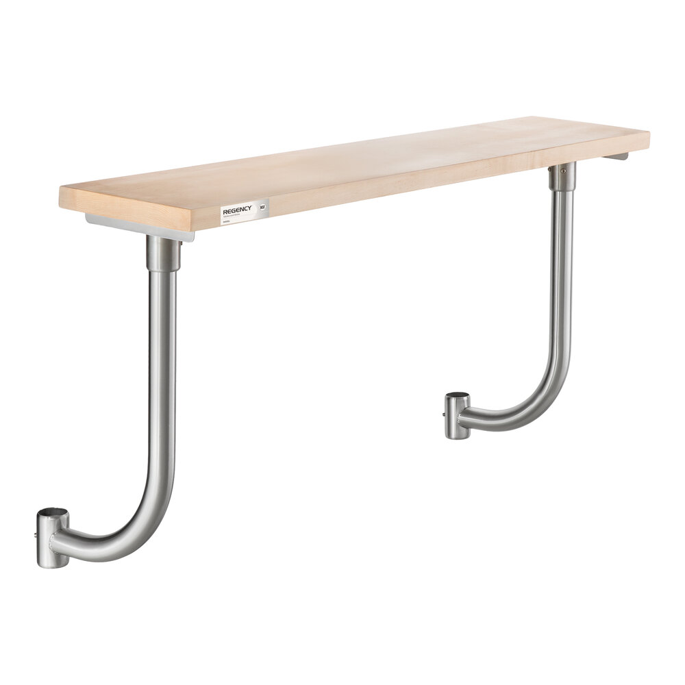 A rectangular wooden board mounted on two metal supports attached to a wall.