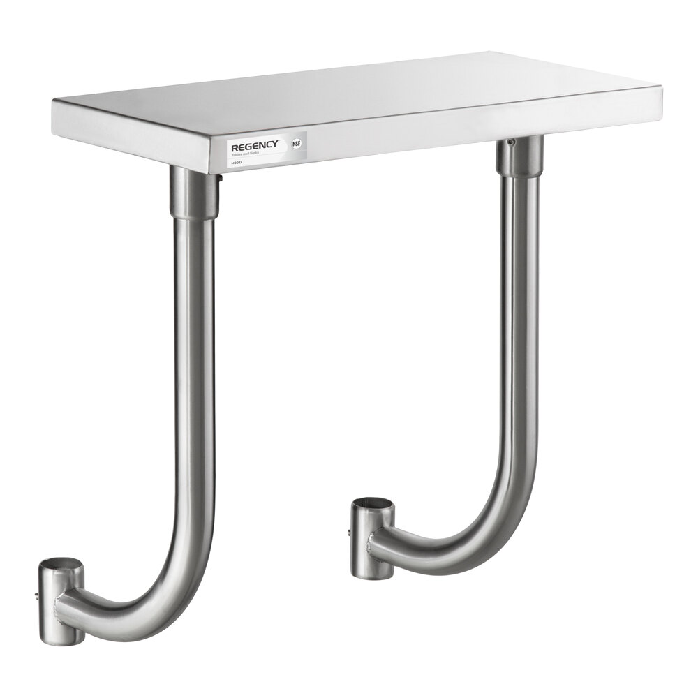 A rectangular stainless steel work surface with two curved metal support legs attached underneath.