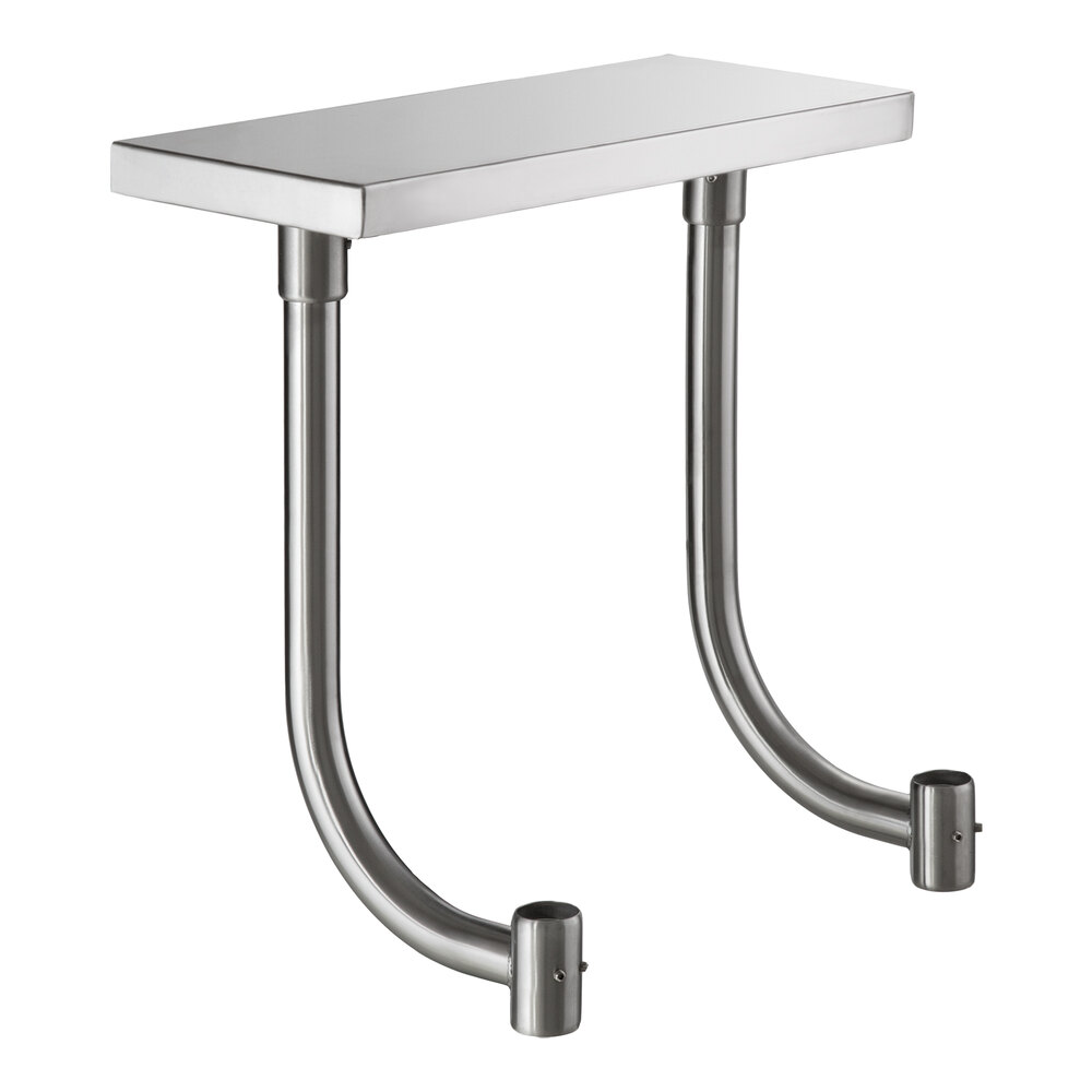 A rectangular stainless steel work surface with two curved metal support legs.