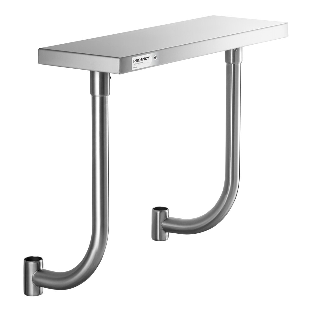 A rectangular stainless steel work surface with two curved metal support legs extending downward.