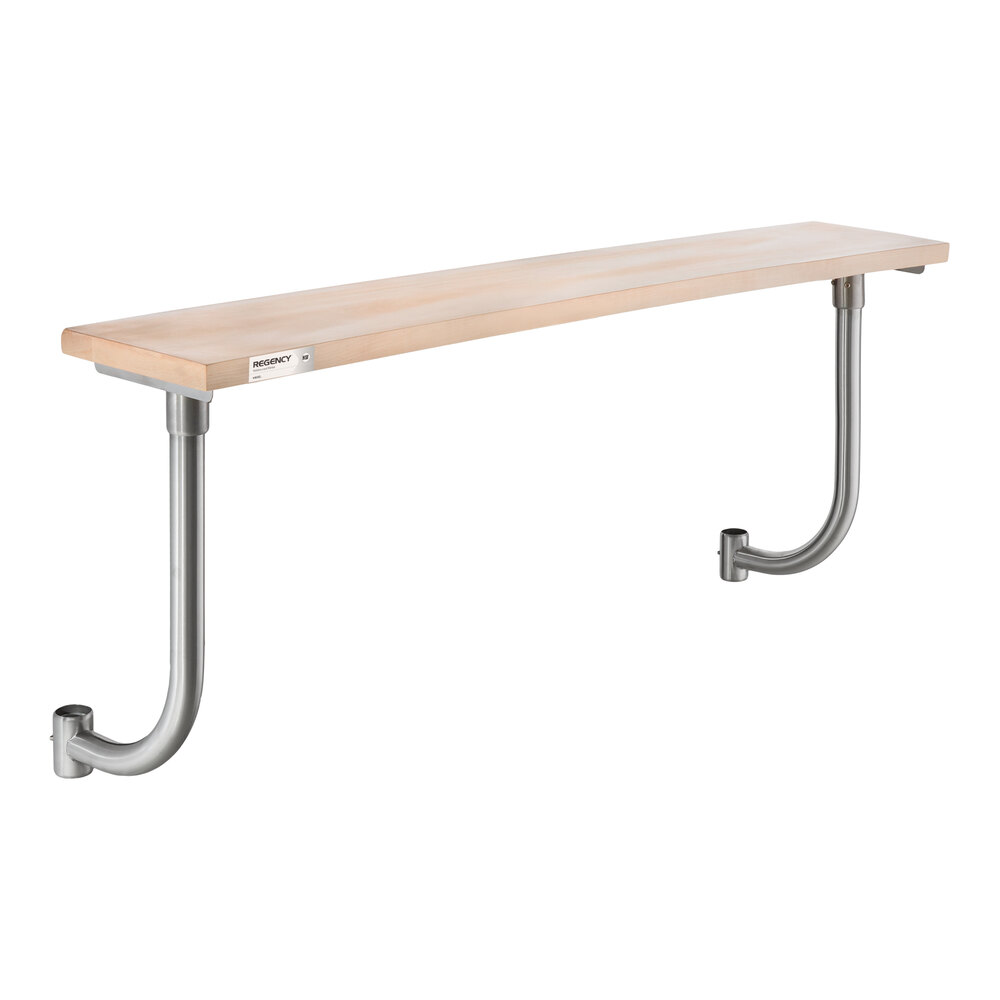 A rectangular wooden board mounted on two metal supports attached to a wall.
