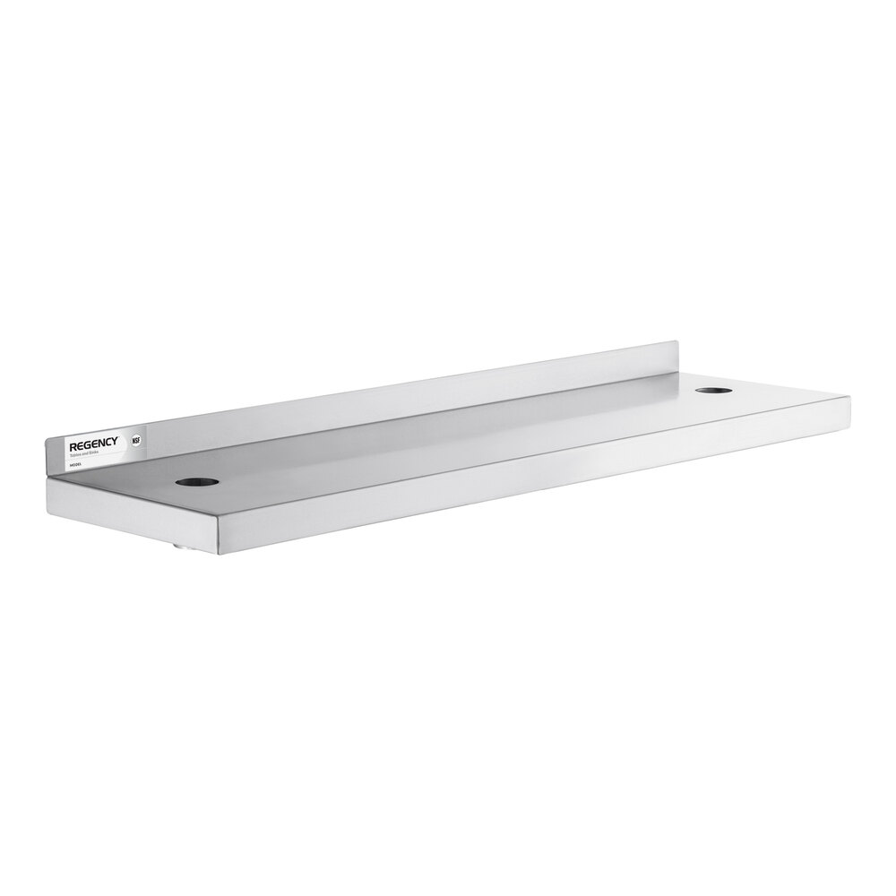 A rectangular stainless steel wall shelf with a raised back edge and two mounting holes.