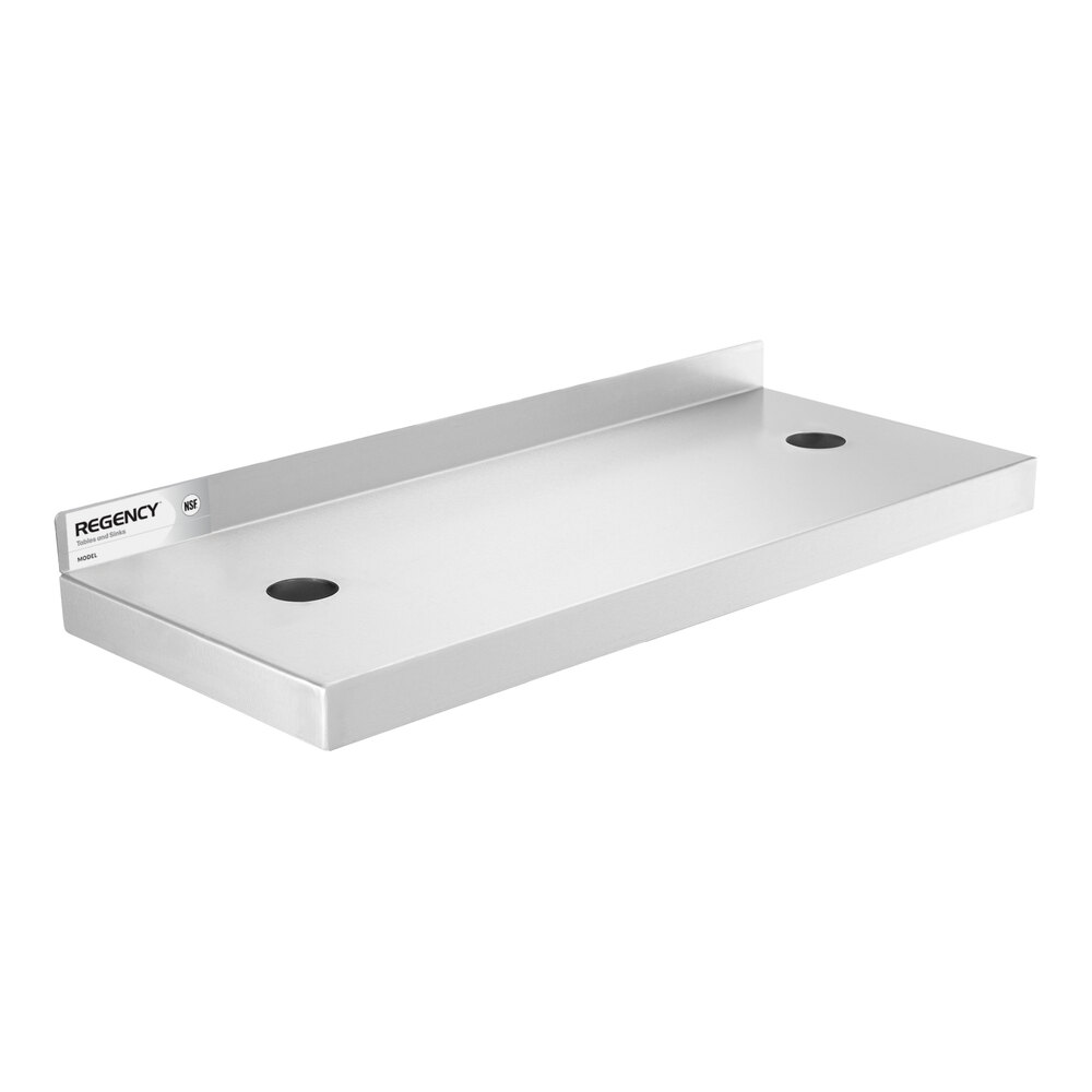 A rectangular stainless steel shelf with a raised back edge and two circular cutouts on the surface.