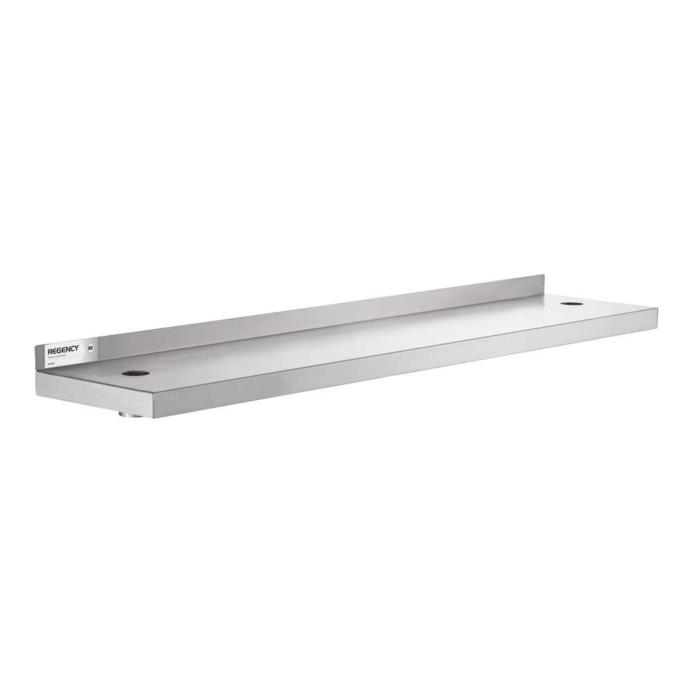 A rectangular stainless steel wall-mounted shelf with a raised back edge and two mounting holes.