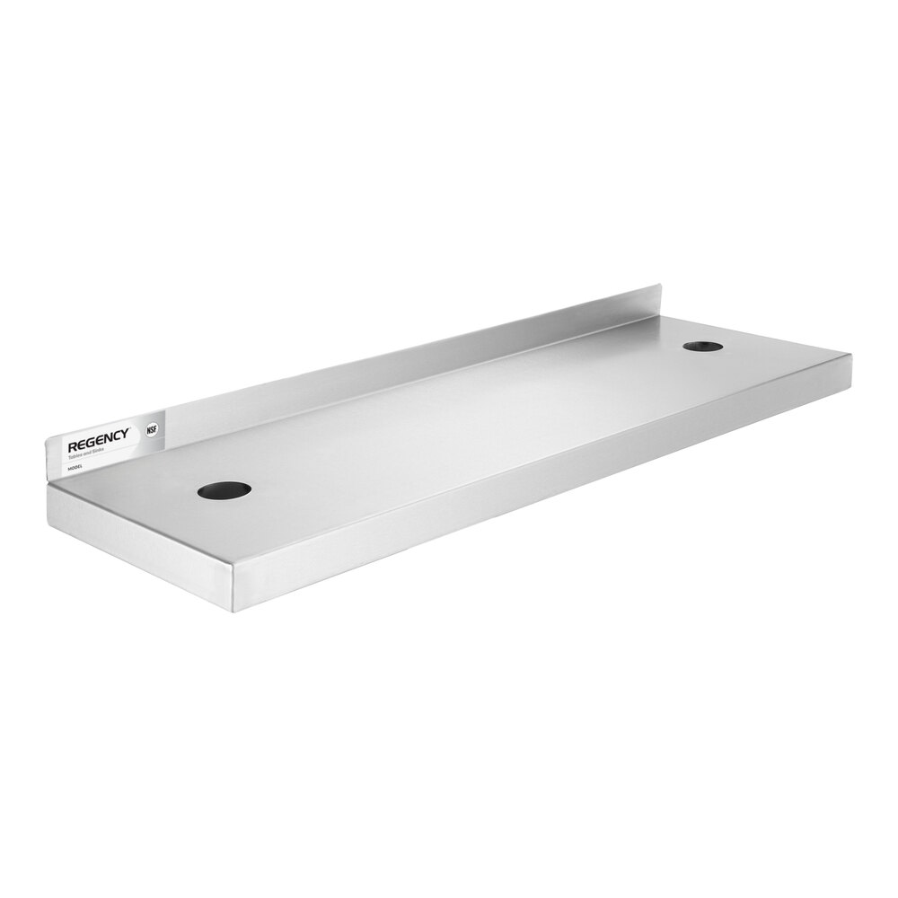 A rectangular stainless steel shelf with a raised back edge and two circular cutouts, mounted on a white background.