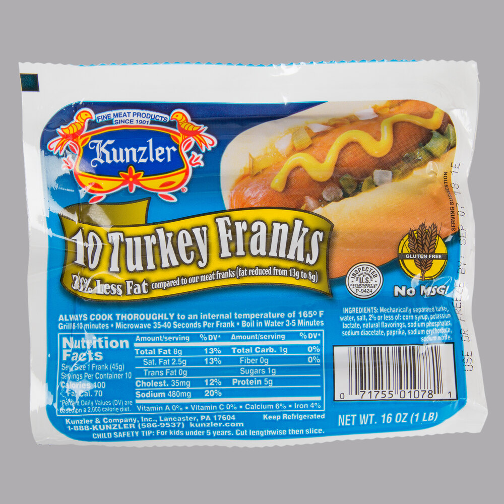 Kunzler 1 lb. 10/1 Size Turkey Franks 12/Case