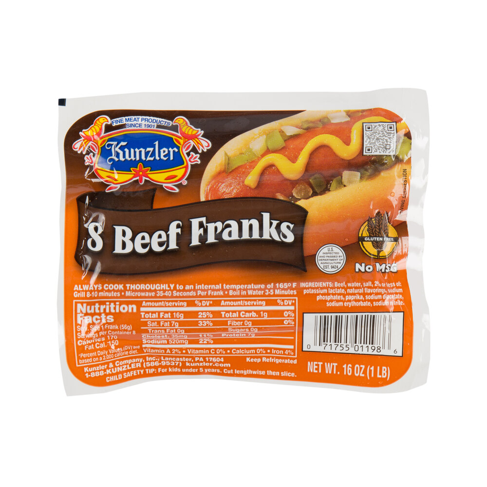 Kunzler 1 lb. 8 Count Pack 8/1 Size Beef Franks 12/Case