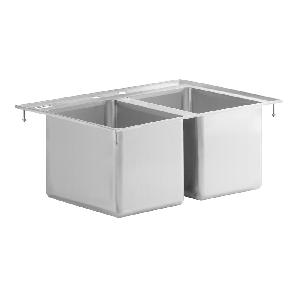 A stainless steel two-compartment sink with a rectangular drop-in design and pre-drilled faucet holes.