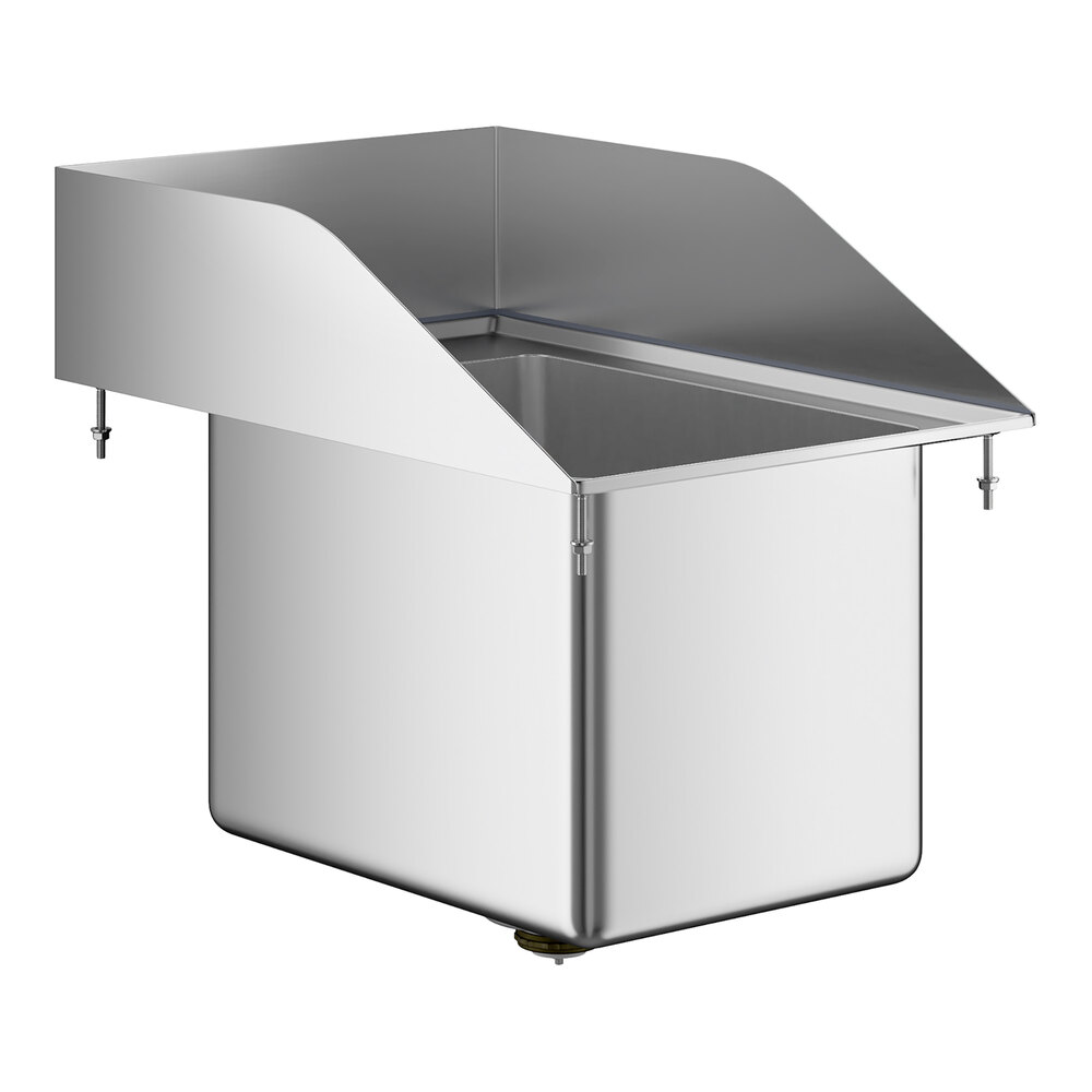 A stainless steel drop-in sink with high side and back splashes, featuring a single deep basin.