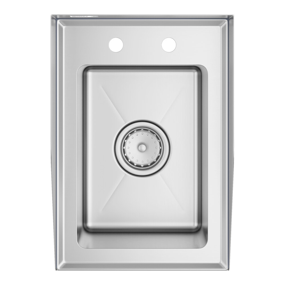 A rectangular stainless steel sink with a single deep basin, two faucet holes, and raised side splashes.