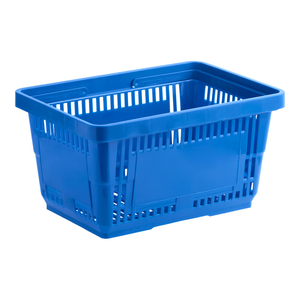 A blue plastic grocery market shopping basket with slotted sides and plastic handles.