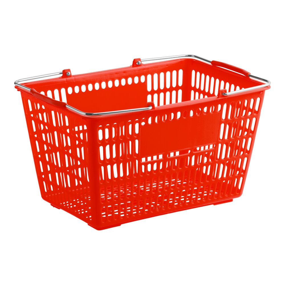 A red plastic grocery market shopping basket with metal handles.