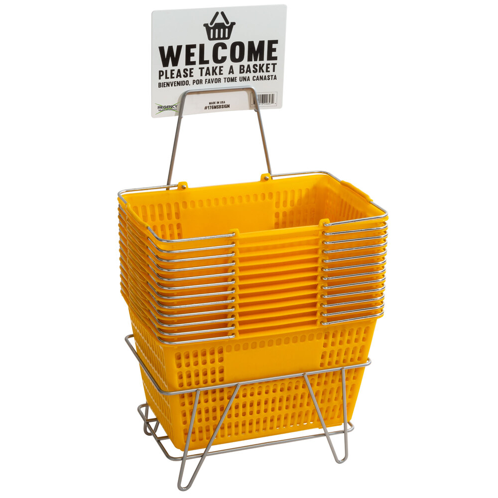 Regency Yellow 18 11/16 inch x 12 3/8 inch Plastic Grocery Market Shopping Baskets with Stand and Sign