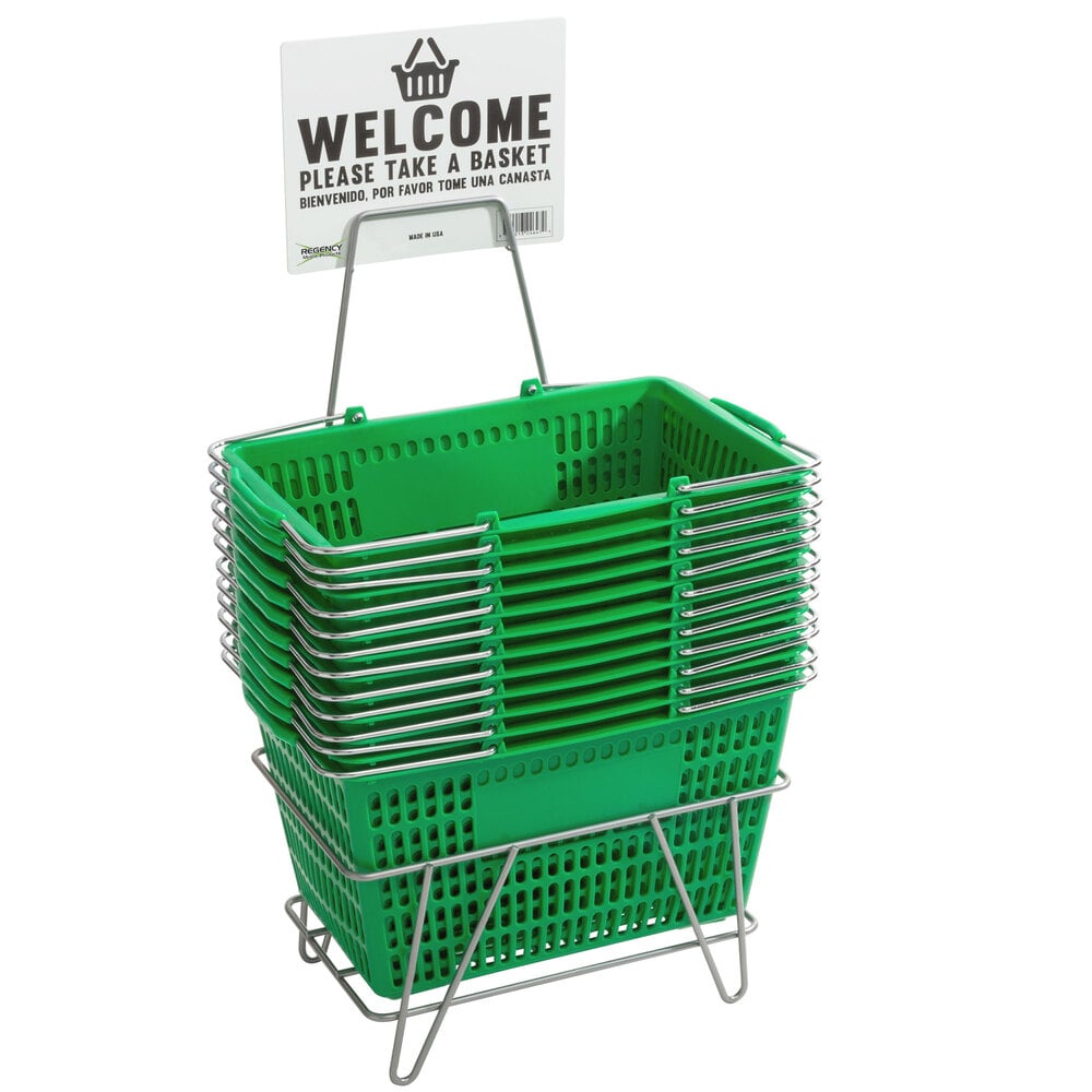Regency Green 18 11/16 inch x 12 3/8 inch Plastic Grocery Market Shopping Baskets with Stand and Sign