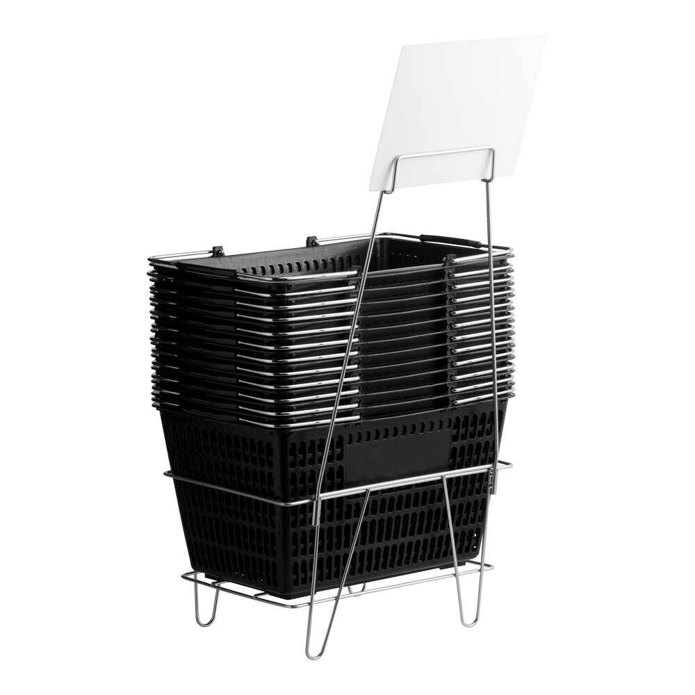 A stack of black plastic grocery shopping baskets with a metal stand and a sign holder.