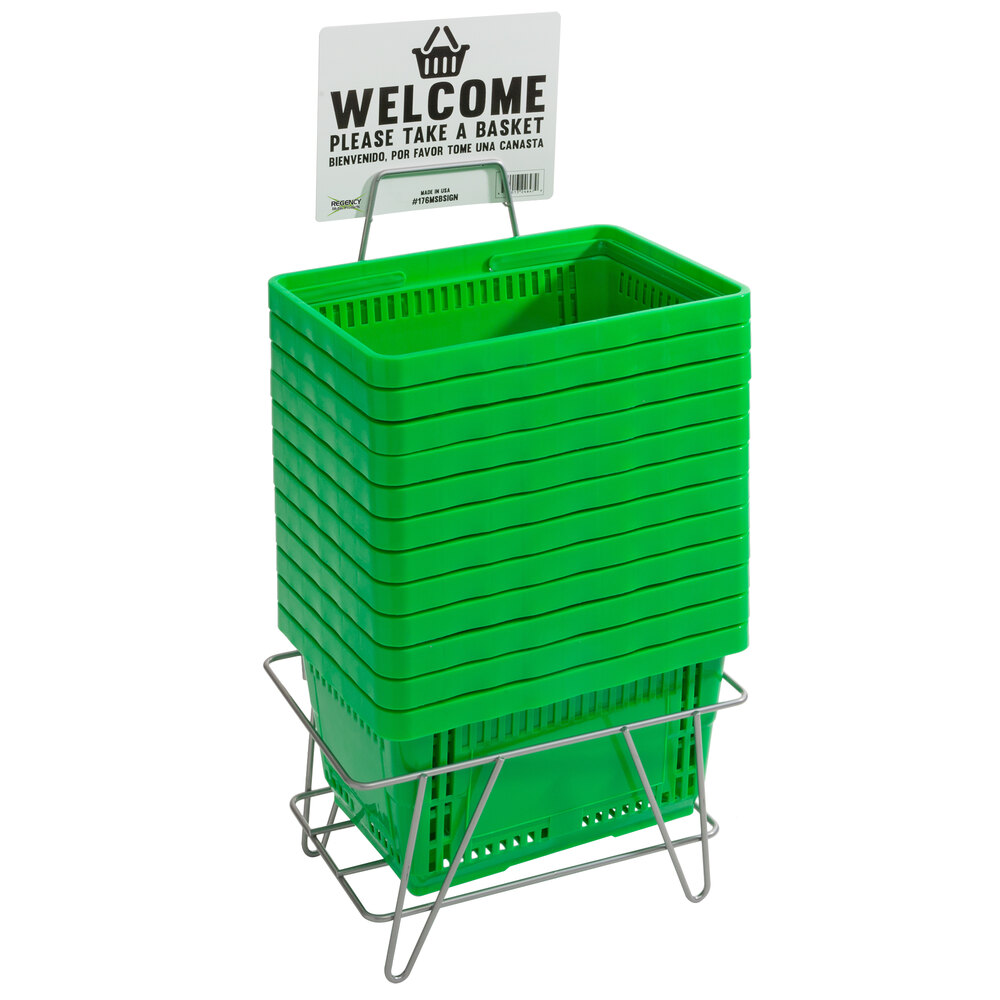 Regency Green 16 3/4 inch x 11 13/16 inch Plastic Grocery Market Shopping Baskets with Stand and Sign