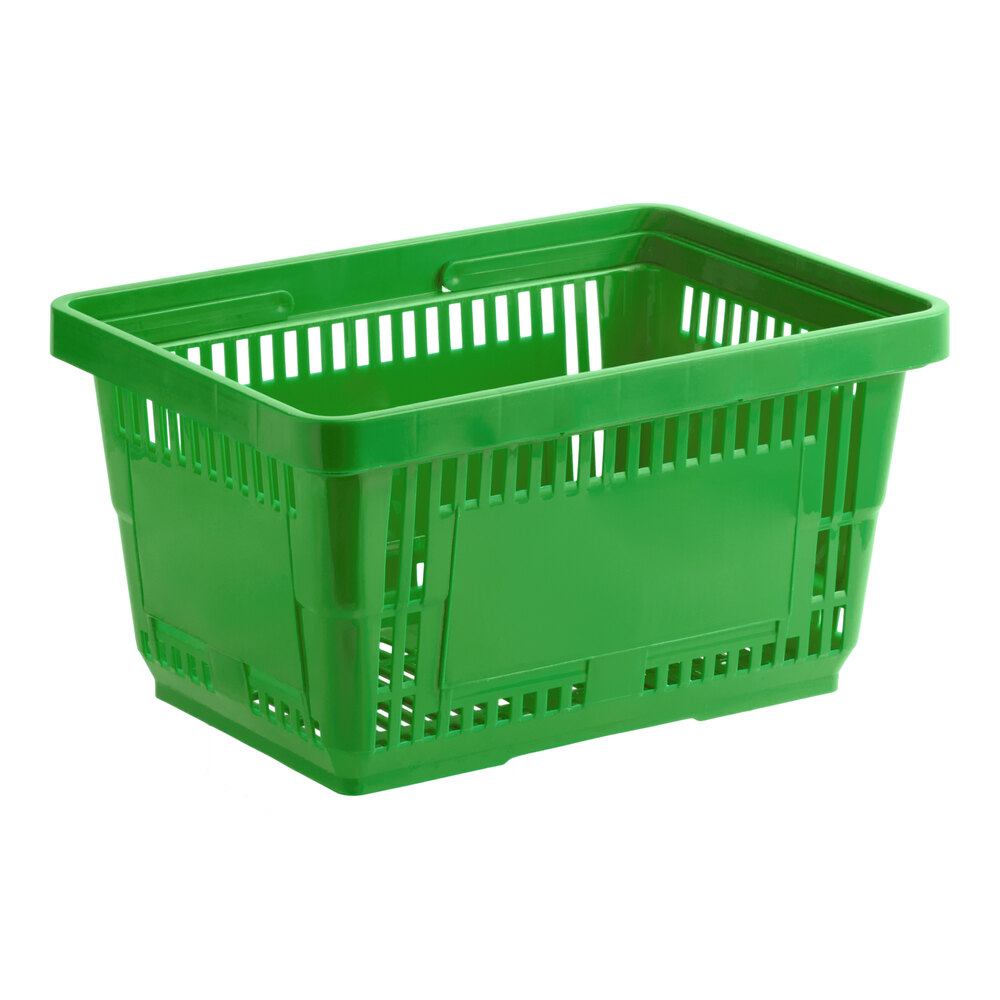 A green plastic grocery market shopping basket.