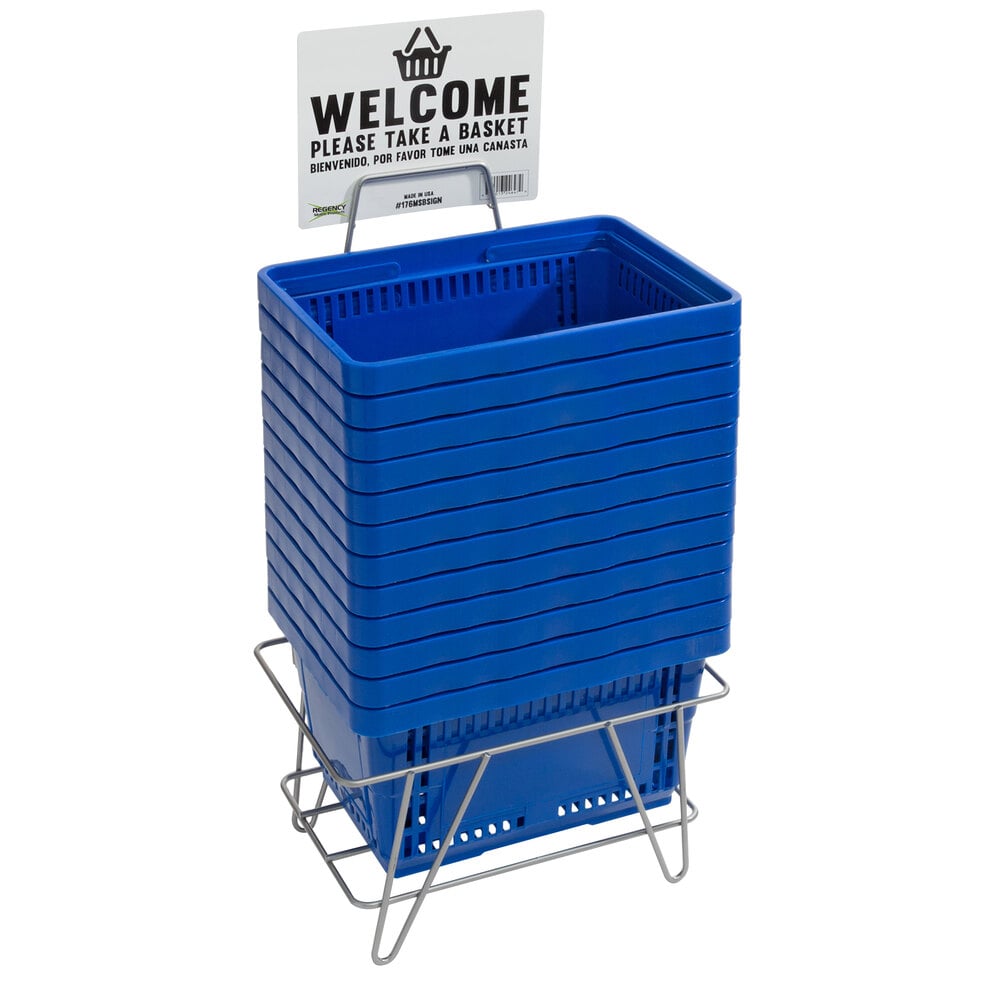 Regency Blue 16 3/4 inch x 11 13/16 inch Plastic Grocery Market Shopping Baskets with Stand and Sign