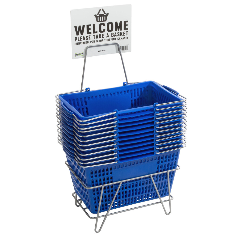 Regency Blue 18 11/16 inch x 12 3/8 inch Plastic Grocery Market Shopping Baskets with Stand and Sign