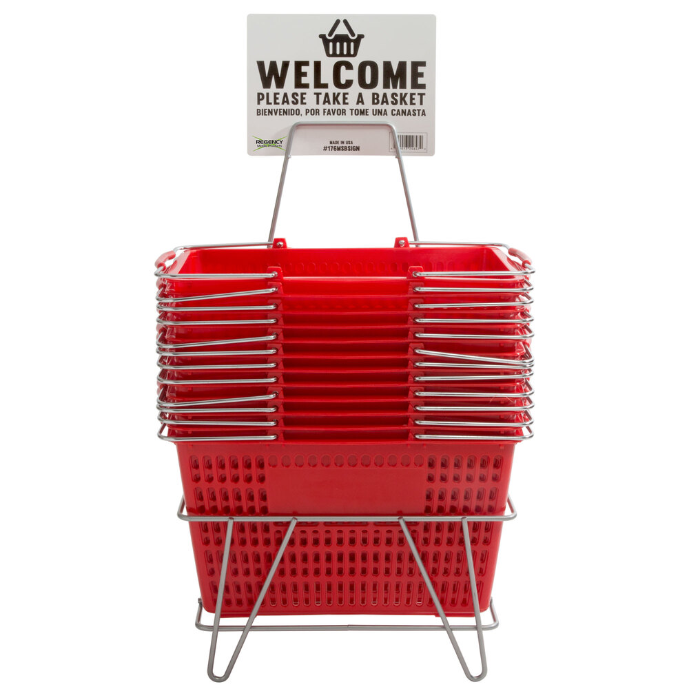 W x 11 1/2 in D x 9 in Count of 12 Red Shopping Basket Set with Stand 16 in H 
