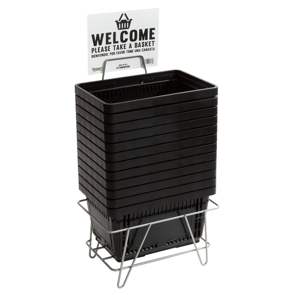 Regency Black 16 3/4 inch x 11 13/16 inch Plastic Grocery Market Shopping Baskets with Stand and Sign