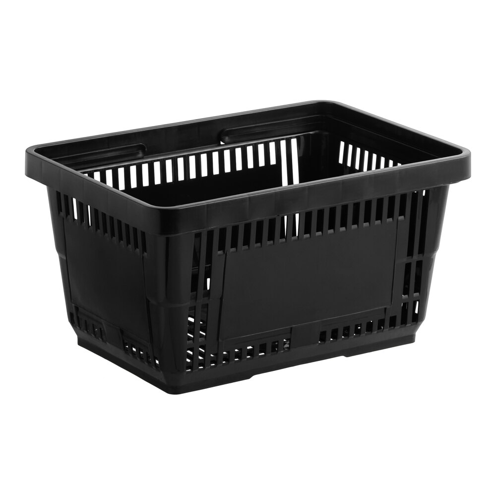 A black plastic grocery market shopping basket with slotted sides and a rectangular shape.
