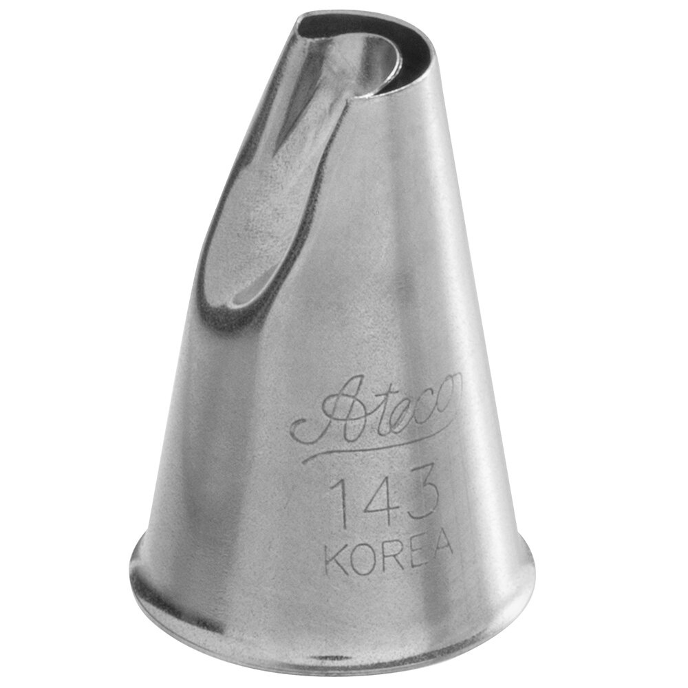 Ateco 143 stainless steel chrysanthemum piping tip with petal-shaped opening, stamped with Ateco 143 Korea