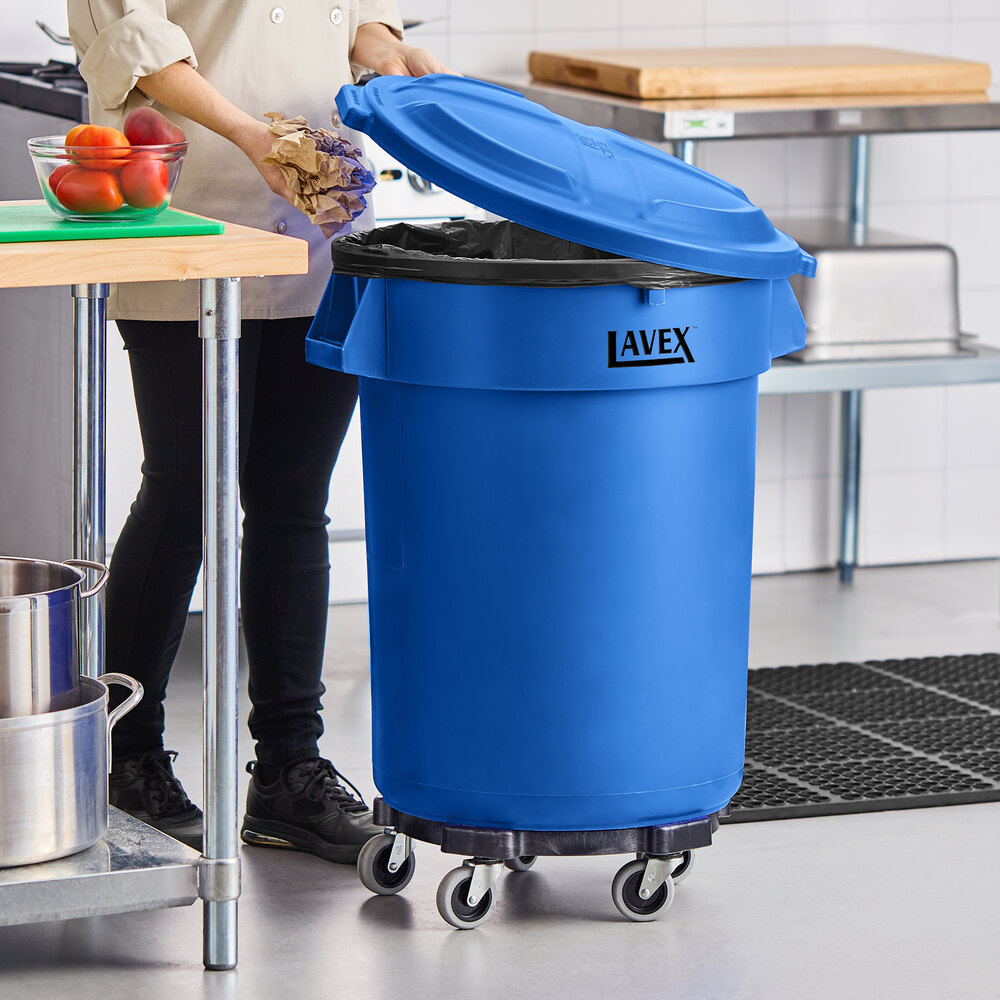 32 Gallon Blue Round Commercial Trash Can with Lid and Dolly