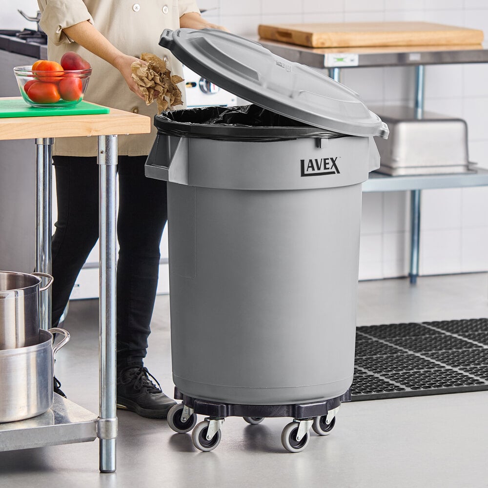 32 Gallon Gray Round Commercial Trash Can with Lid and Dolly