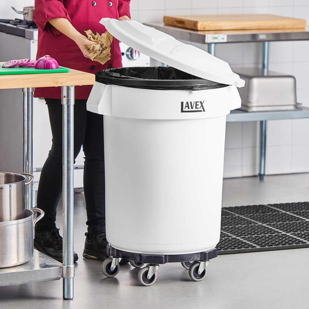 32 Gallon White Round Commercial Trash Can with Lid and Dolly