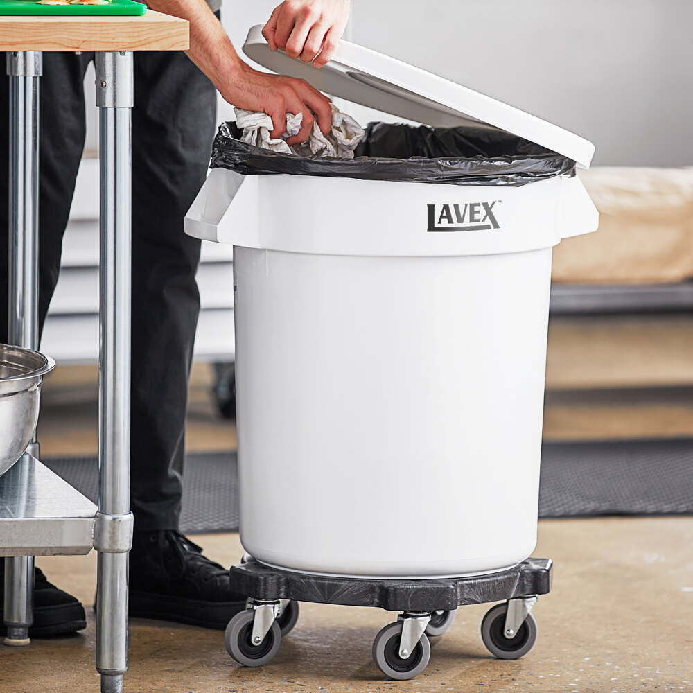 20 Gallon White Round Commercial Trash Can with Lid and Dolly