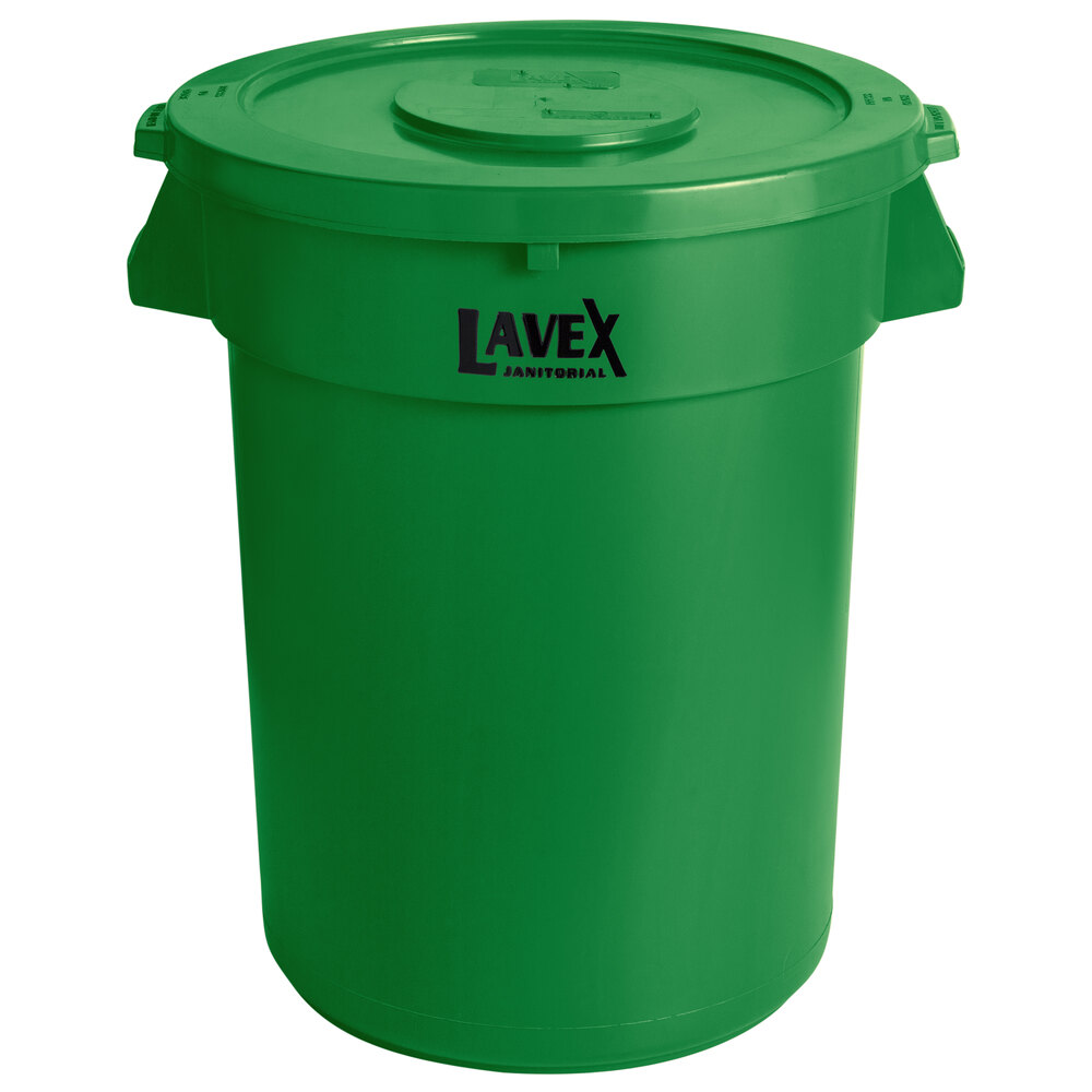 Lavex 32 Gallon Green Round Commercial Trash Can and Lid
