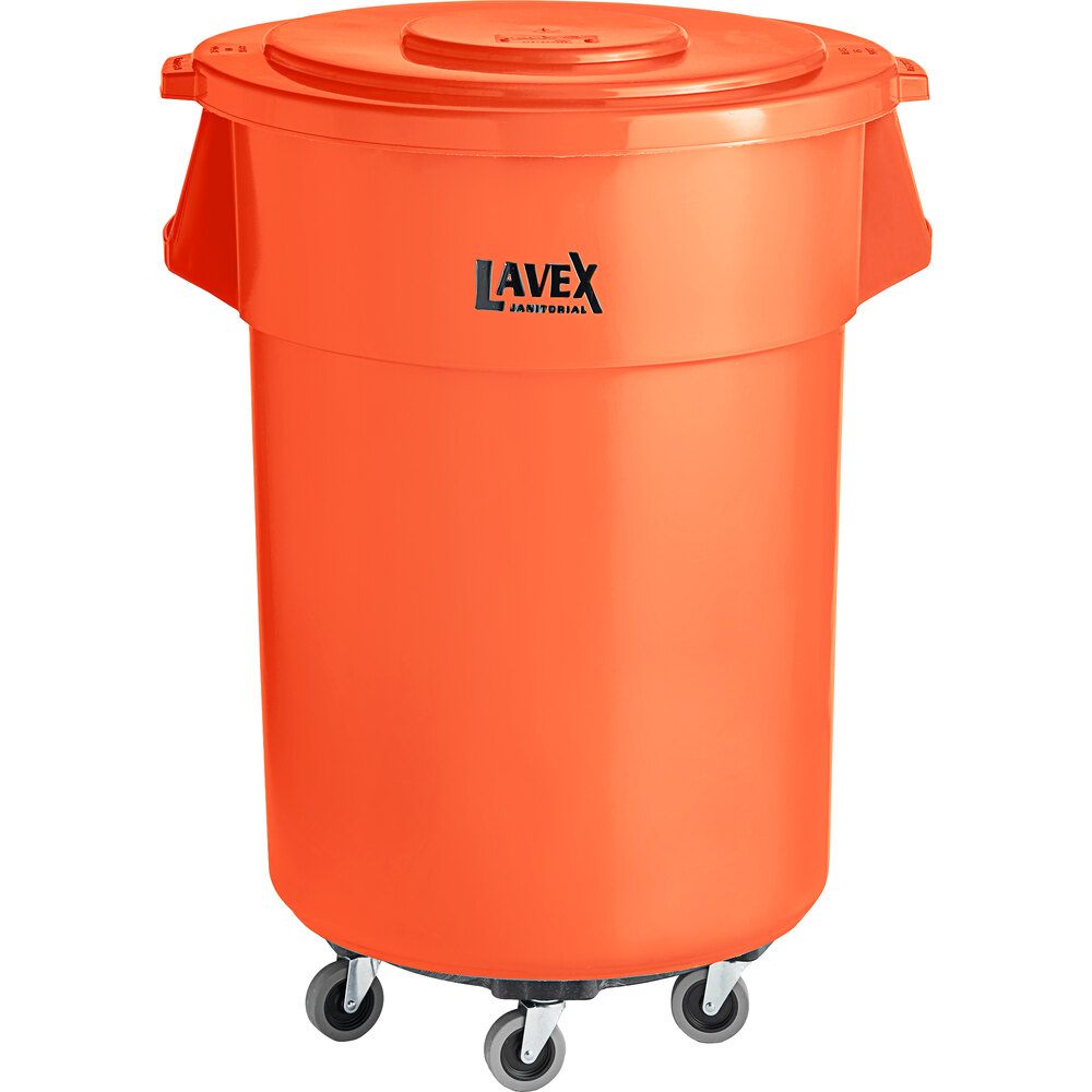 Lavex 55 Gallon Orange Round High Visibility Commercial Trash Can with