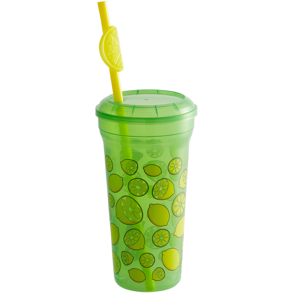 32 oz. Tall Plastic Green Lemon Quench Design Souvenir Cup with Straw