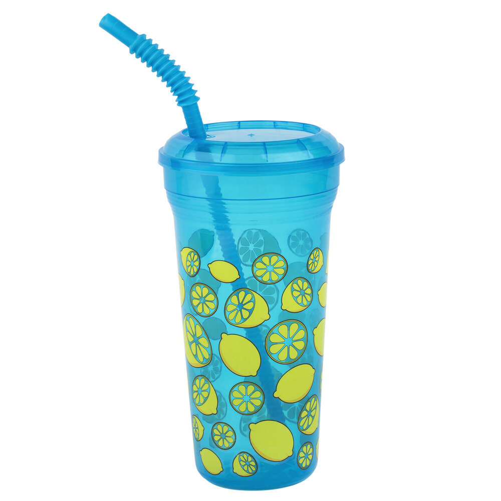 32 oz. Tall Plastic Assorted Green and Blue Lemon Quench Design