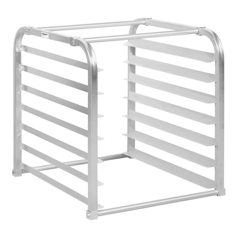 A metal rack with multiple horizontal slots on each side, designed to hold trays or pans, shown without any trays inserted.
