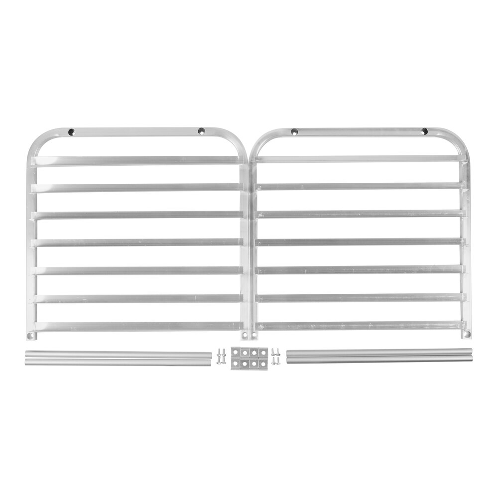 Two metal rack frames, several horizontal bars, a metal plate, and small hardware pieces are laid out on a white background, appearing as unassembled components for a rack or shelving unit.