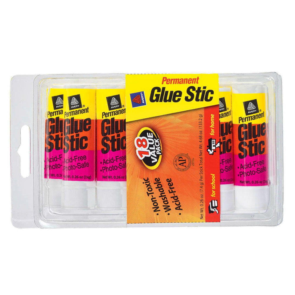 Avery® 98089 Glue Stic 0.26 oz. White Washable Nontoxic Permanent Adhesive Value Pack 18/Pack