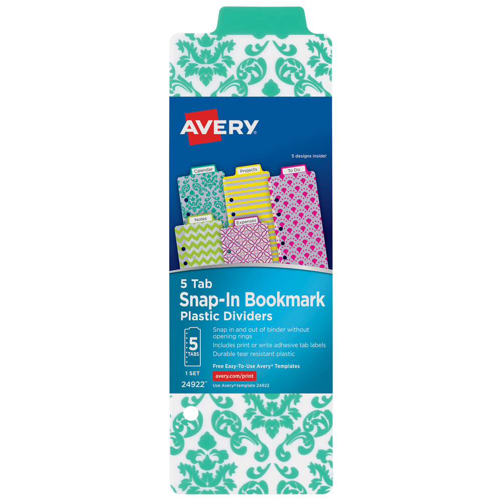 Avery 24922 5Tab Assorted Design Mini SnapIn Plastic Bookmark Divider Set