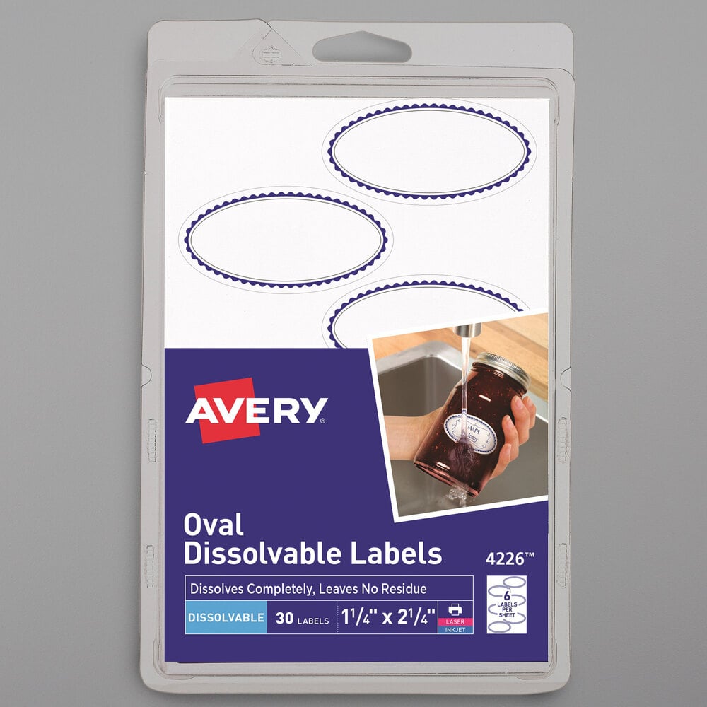 Avery 04226 1 1/4" x 2 1/4" White Oval Preprinted Border Dissolvable