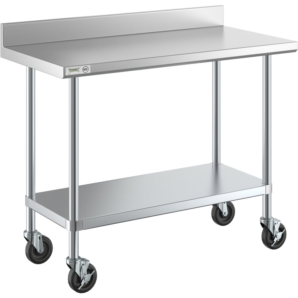 Regency 24 inch x 48 inch 18-Gauge 304 Stainless Steel Commercial Work Table with 4 inch Backsplash, Galvanized Legs, Undershelf, and Casters