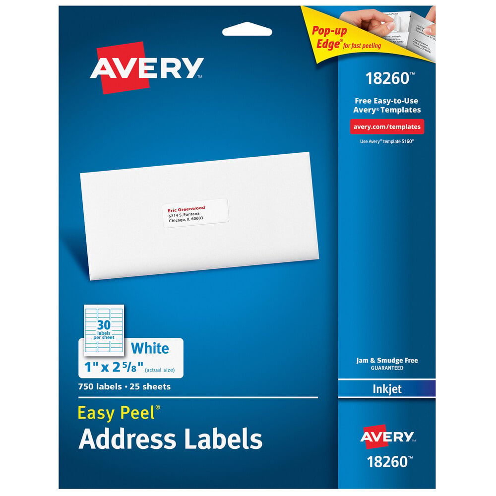Avery® 18260 Easy Peel 1" x 2 5/8" White Sure Feed Address Labels 750