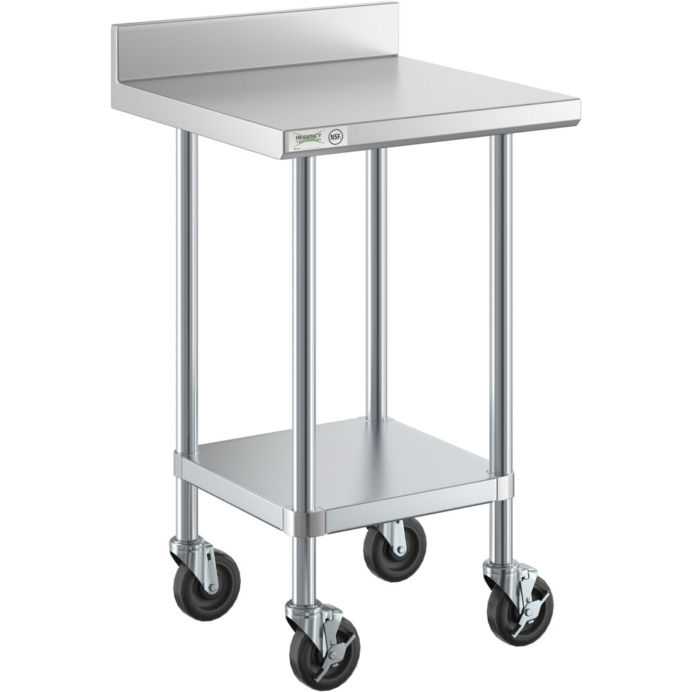 Regency 24 inch x 24 inch 18-Gauge 304 Stainless Steel Commercial Work Table with 4 inch Backsplash, Galvanized Legs, Undershelf, and Casters