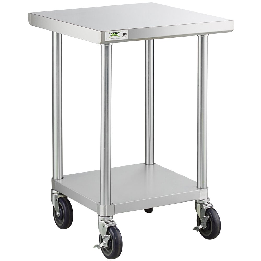 Regency 24 inch x 24 inch 18-Gauge 304 Stainless Steel Commercial Work Table with Galvanized Legs, Undershelf, and Casters