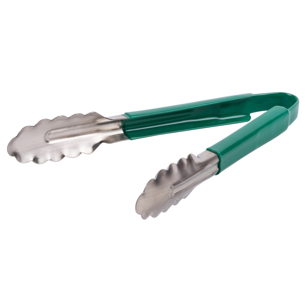 9" Stainless Steel Green Scalloped Coated Handle Tong