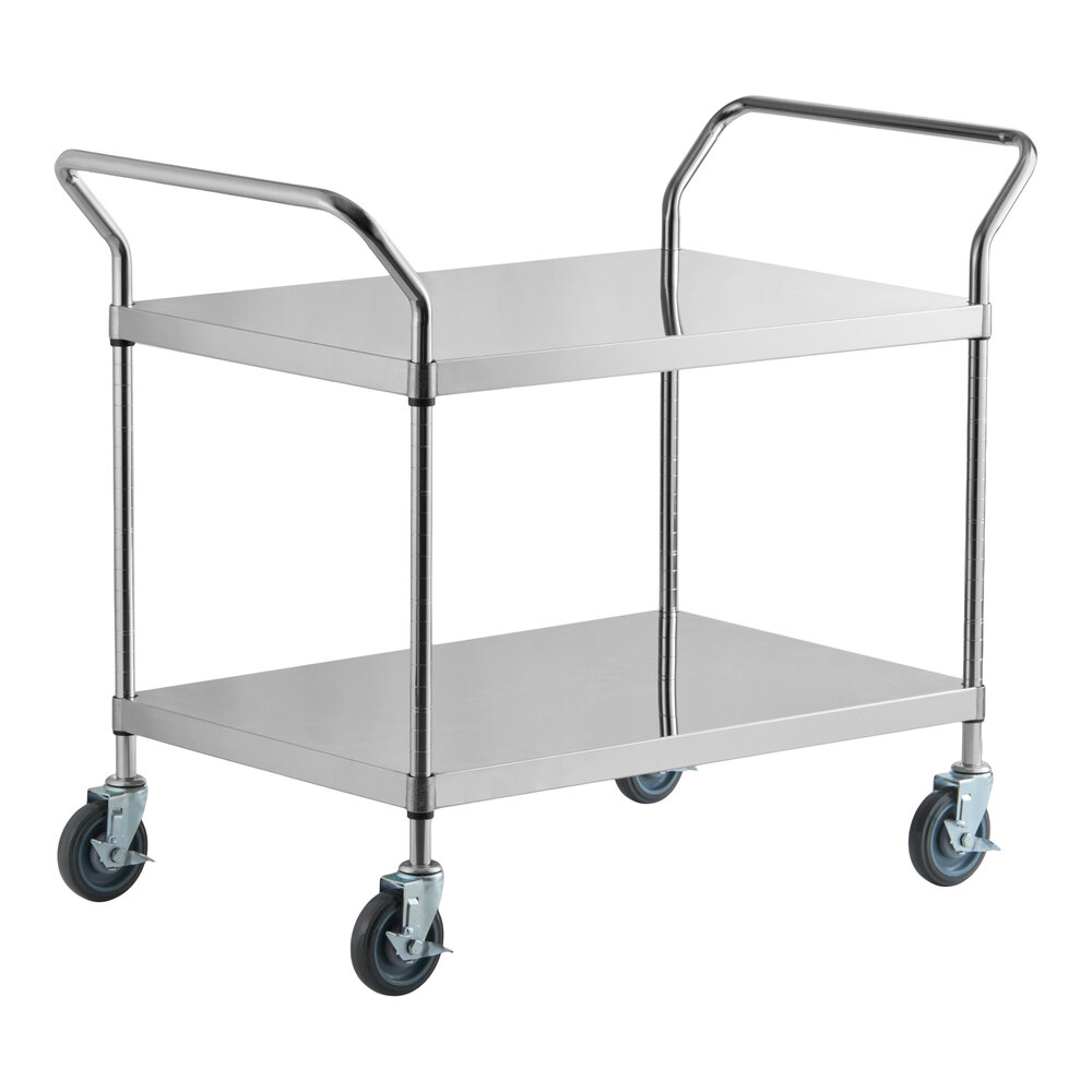A metal utility cart with two shelves, four wheels, and two handles on either side.