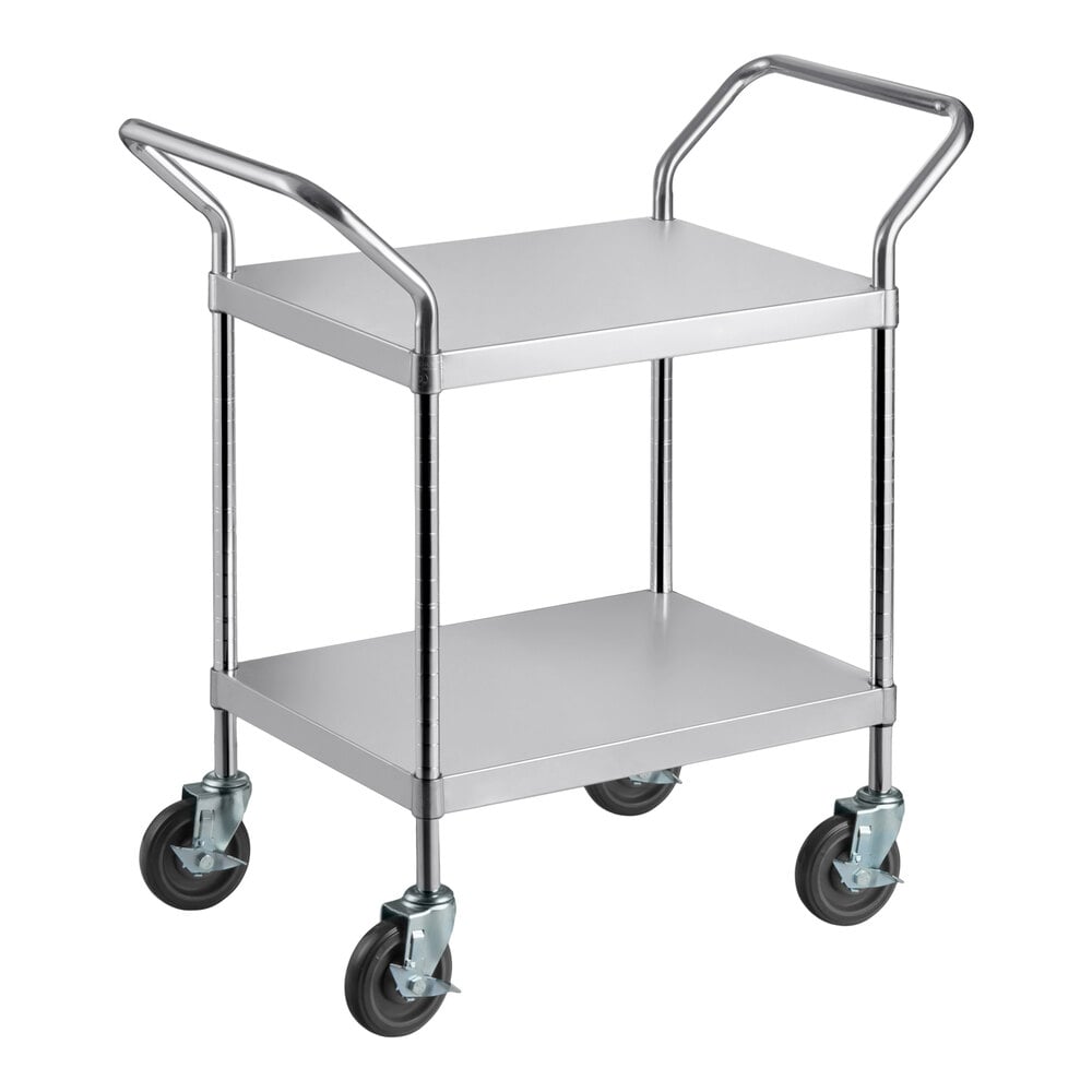 A stainless steel utility cart with two shelves and four caster wheels.