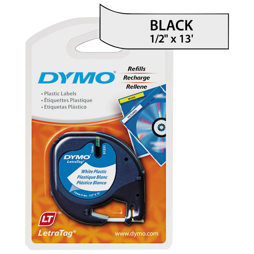 2PK Black on White Plastic Label Tape Fit for DYMO Letra Tag LT 91331 QX50 1/2'' 