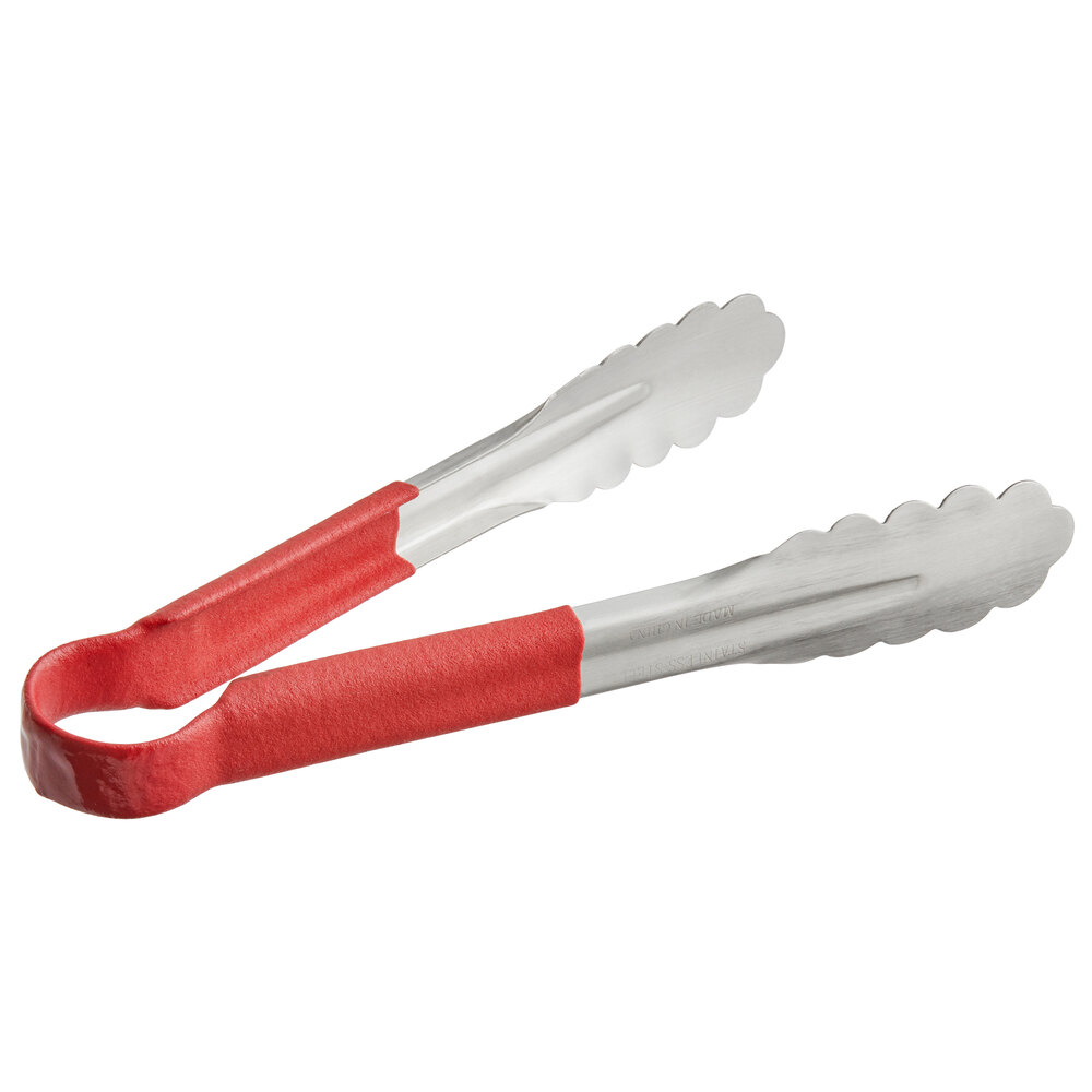10" Stainless Steel Red Scalloped Coated Handle Tongs